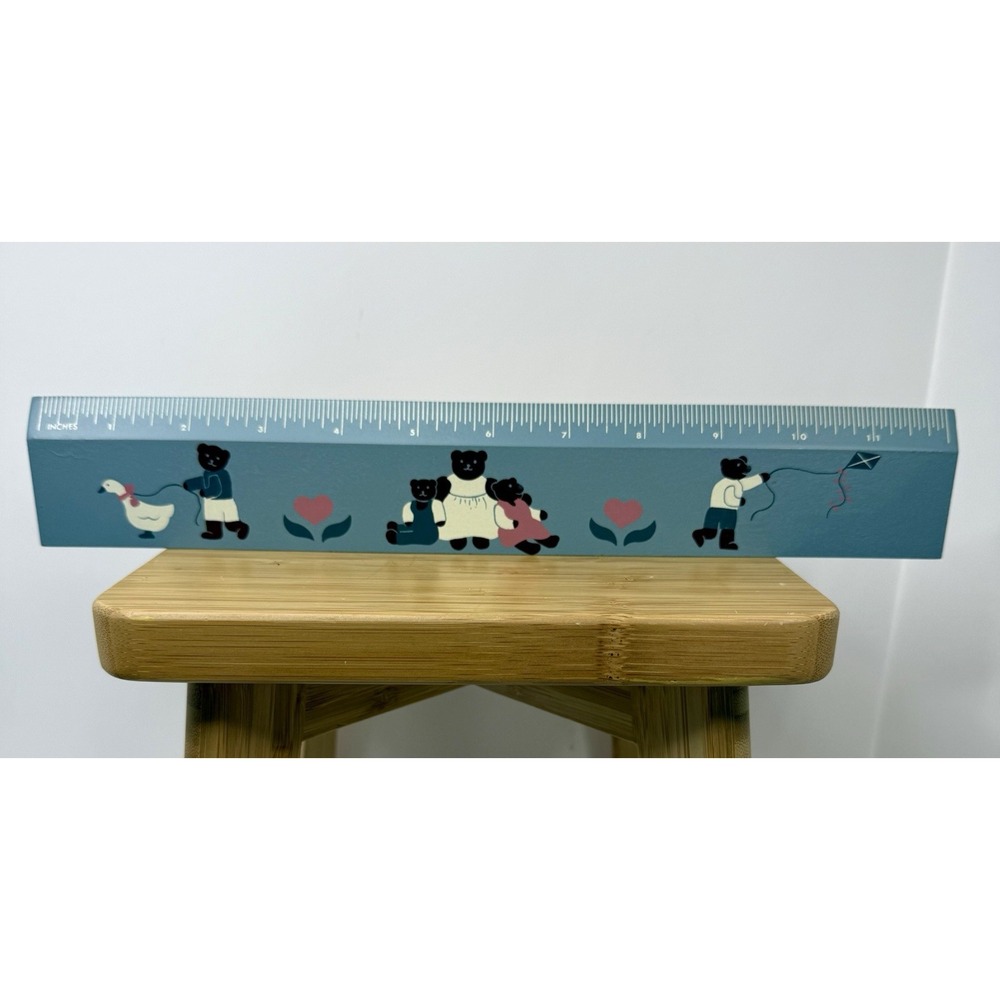 Blue Geese And Teddy Bears Painted VTG 1980s Wooden Ruler Folk Art Cottagecore